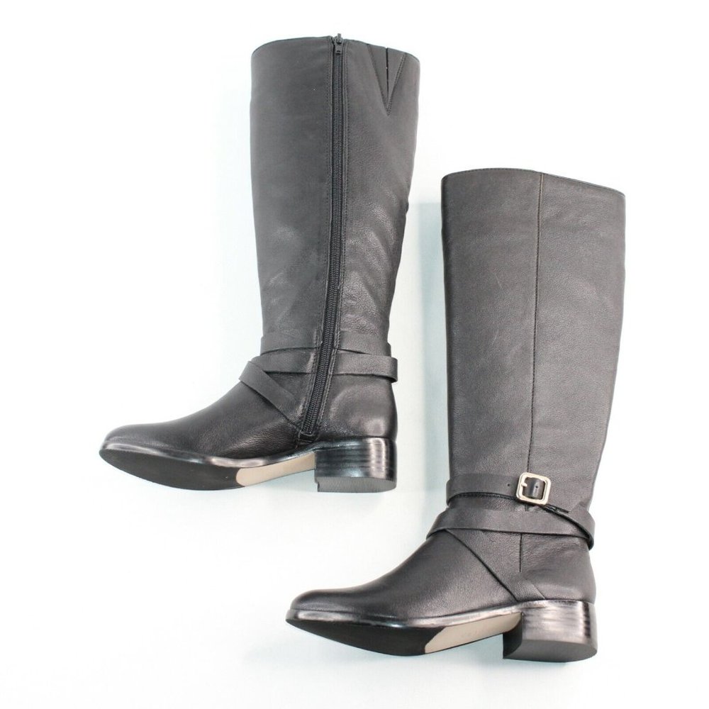 Ann Taylor Sz 5.5 M Amy Black Leather Knee High Full Zip Buckle Riding Boots - Picture 9 of 12